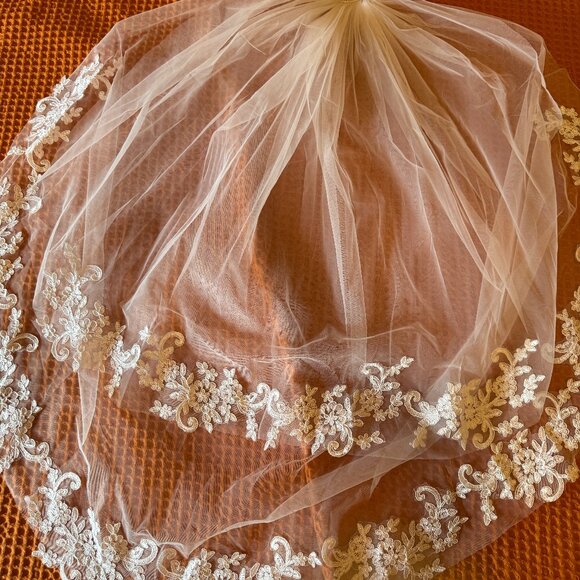 Custom Ivory Fingertip Veil with Lace & Pearl Butterfly Details – Veil with comb - Picture 1 of 4